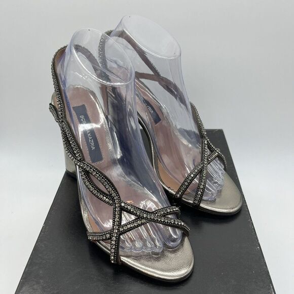 BCBGMAXAZRIA 7 Evie Embellished Metalic Leather Slingback Sandal Block Heel Hoco - Picture 1 of 10
